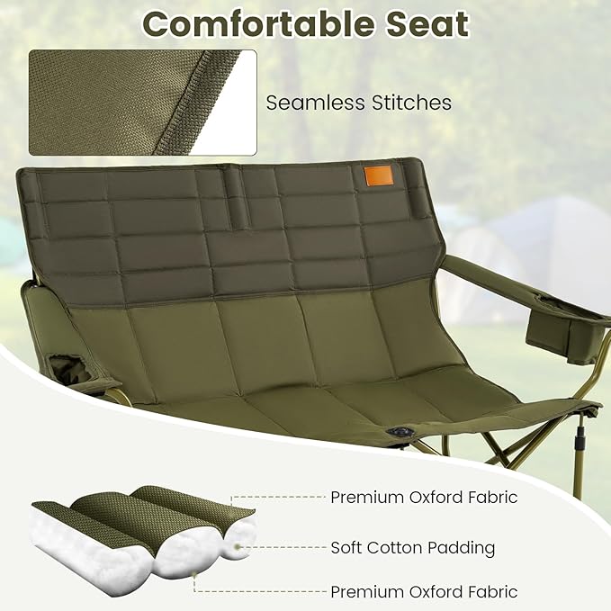 Goplus Double Camping Chair for Adults Low Outdoor Folding Loveseat Couch Chair w/Cup Holders Thick Padding Heavy-Duty 2 Person Lawn Chair for Beach Picnic Travel Supports 660 LBS(2-Person Seat)