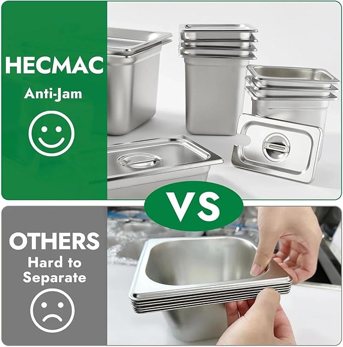 HECMAC 6 Pack Anti-Jam Hotel Pans 1/2 Size 2 1/2 Inch Deep Commercial Stainless Steel Chafing Steam Table Pan Catering Storage Metal Food Pan 23 Gauge