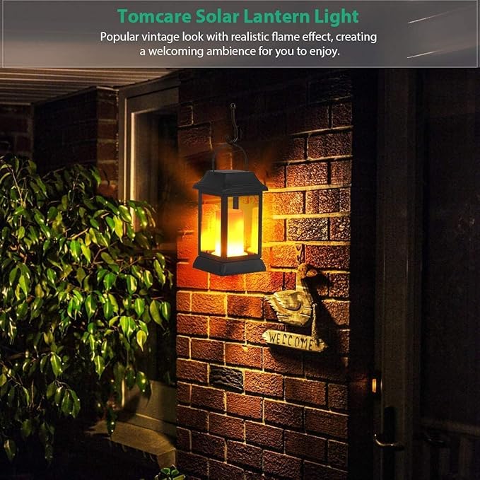 TomCare Solar Lights Metal Flickering Flame Solar Lantern Outdoor Hanging Lanterns Decorative Lighting Heavy Duty Solar Powered Waterproof Umbrella Lighting for Garden Yard Patio Deck 4 Pack（Black）