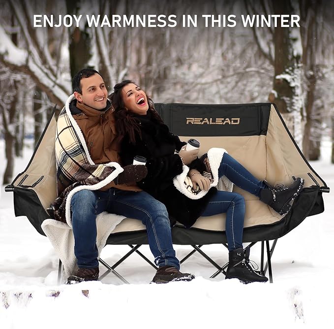 REALEAD Heated Double Camping Chair - Heated Loveseat Camping Chairs for Adults with 3 Heat Levels and 4 Heating Zones - Oversized Heated Chairs Outdoor Sports Supports 650 lbs Battery NOT Included