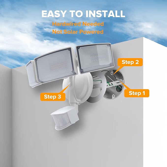 UME 49W 5500LM LED Security Lights Motion Sensor Light Outdoor 5000K Daylight IP65 Waterproof Dusk to Dawn 3 Head Motion Detected Flood Light for Garage Yard Porch(White)