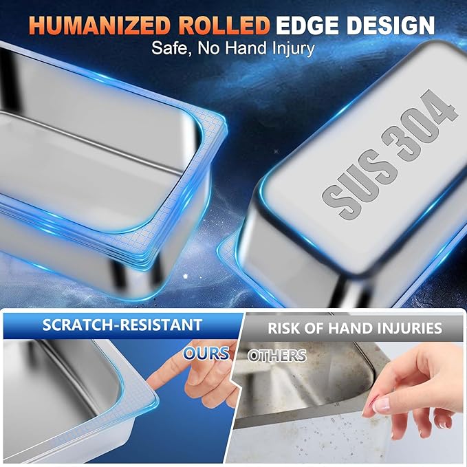 1/3 Size 4 Inch 304 Stainless Steel Hotel Pans: 6 Pack [2X Thicker] [Dishwasher Safe] 100% Food-SafeSteam Table Pan for Restaurants Catering and Parties