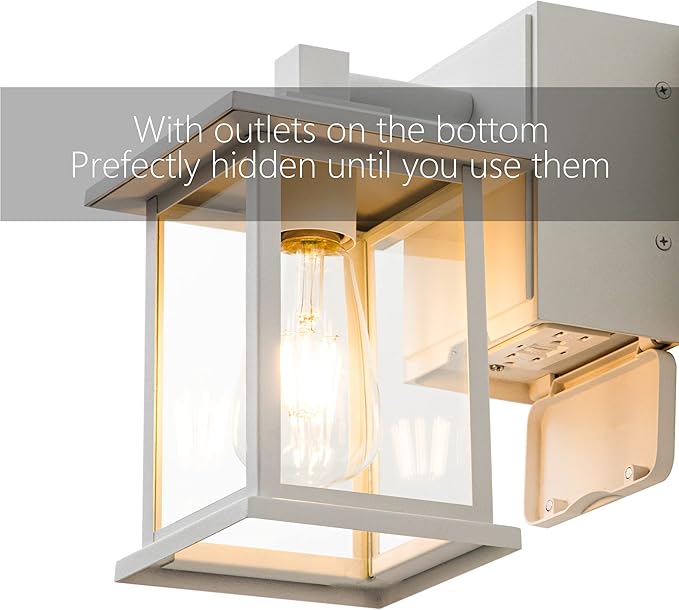 Outdoor Lights with GFCI Outlet Dusk to Dawn Front Porch Lantern Waterproof Exterior Light Fixture Mate White Outdoor Wall Sconce Wall Mount Outside Patio Lighting for House Garage