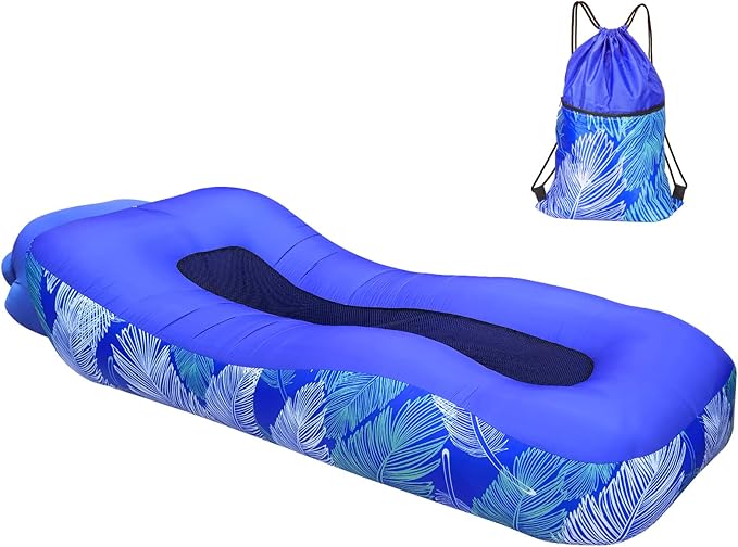 ele ELEOPTION Outdoor Inflatable Camping Couch Waterproof Portable Blow Up Air Sofa Chair Lounger for Backyard Beach Traveling Camping with Compression Sacks (Blue Feather)