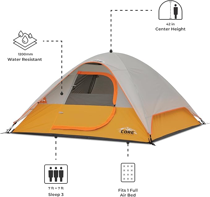 CORE Tent for Family Camping Hiking and Backpacking | 3 Person / 4 Person / 6 Person / 9 Person Person Dome Camp Tents with Included Tent Gear Loft for Outdoor Accessories