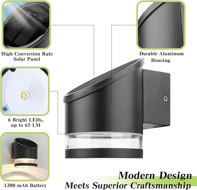 HFVLITE Solar Wall Light Outdoor Dusk to Dawn Aluminum Wall Sconce IP54 Waterproof Cordless LED Decor Light Fixture for Porch Deck Fence Patio Front Door Stair Warm White Black 1-Pack