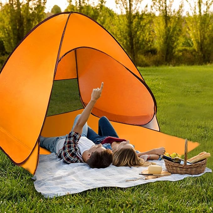 Pop Up Beach Tent Sun Shade Shelter Anti-UV Automatic Beach Tent Canopy for 2-3 People with Net Window Carry Bag for Park Camping (Orange)