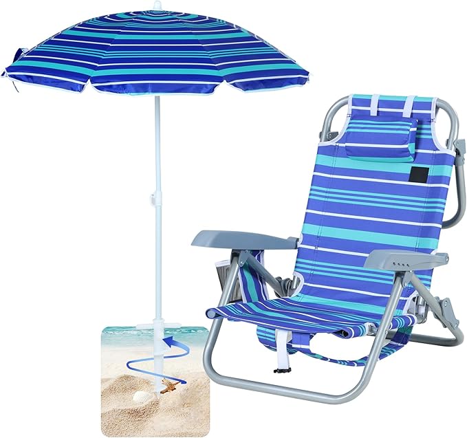CDEN Beach Chair with Umbrella Foldable Camping Chairs Toddler Beach Chair Backpack Beach Chairs Lightweight with Side Bag Umbrella (1 Pack)
