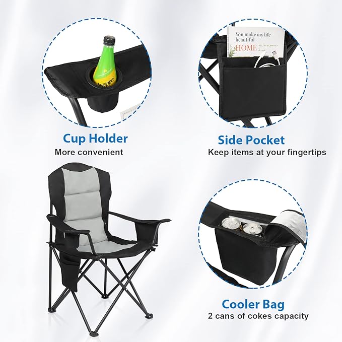 VINGLI Outdoor Padded Camping Chair with Cooler Cup Holder Side Pocket Portable Tailgate Chairs for Adults Folding Lawn Chair with Carry Bag Support 400lbs