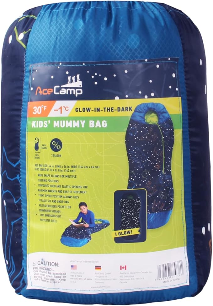 AceCamp Glow in The Dark Mummy Sleeping Bag for Kids and Youth Temperature Rating 30°F/-1°C Water-Resistant for Camping Hiking and Slumber Party
