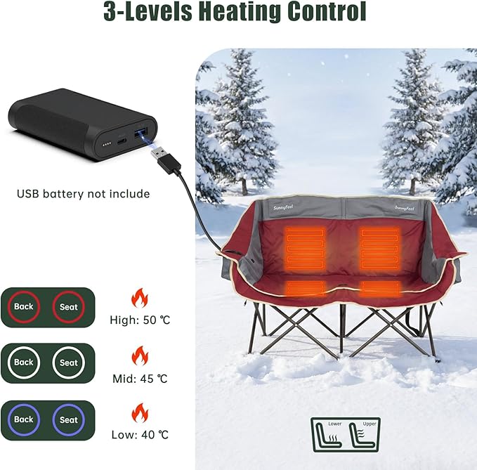 SUNNYFEEL Heated Double Camping Chairs Padded Loveseat Chair for 2 Person Heavy Duty Oversized Camping Couch 600lbs for Adults Portable Outdoor Lawn Chair with Cup Holder for Outdoor Patio RV Camping