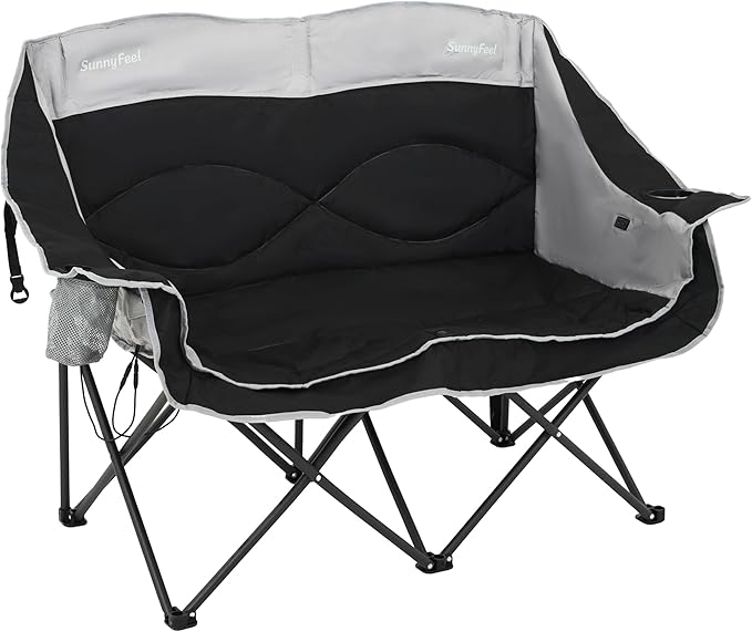 SUNNYFEEL Heated Double Camping Chairs Padded Loveseat Chair for 2 Person Heavy Duty Oversized Camping Couch 600lbs for Adults Portable Outdoor Lawn Chair with Cup Holder for Outdoor Patio RV Camping