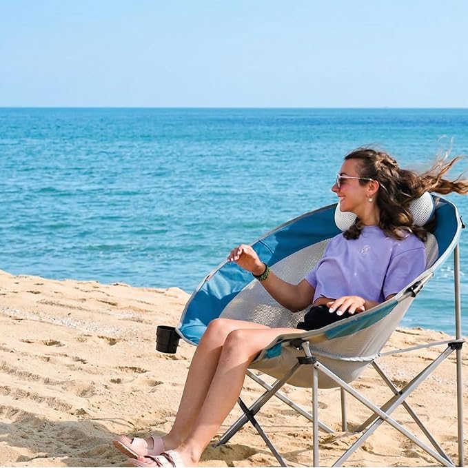 #WEJOY Folding Camping Chair Oversized Moon Chairs for Adult Support Up to 300lbs Mesh Saucer Chairs with Headrest and Cup Holder for CampingLawnHikingPicnicSports(Cyan/Grey)