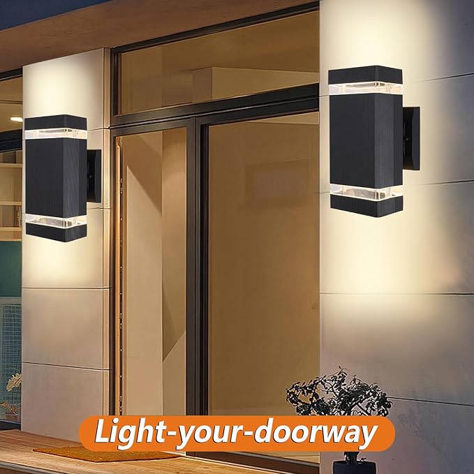LED Outdoor Wall Lights 2 Pack Square Up and Down Porch Lighting Fixture Wall Mount Modern Aluminum Exterior Wall Sconces Waterproof Outside Lights for House