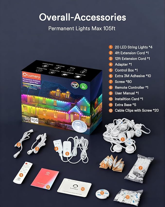 Lumary Permanent Outdoor Lights Max 105ft with 80 LED Eave Lights 4800LM RGBAICW Smart Outdoor Lighting IP67 Waterproof Scene Modes for Daily and Accent Lighting Works with Alexa/Google Assistant