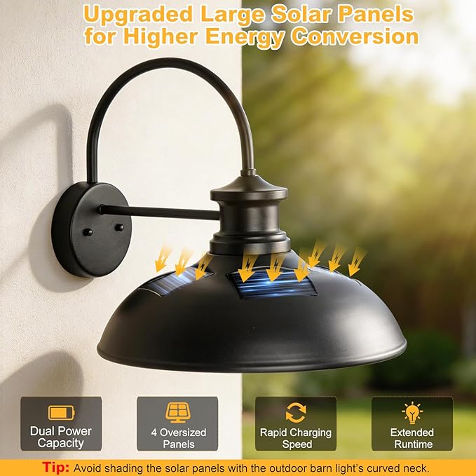 16 Extra Large Solar Barn Light for Outside Dusk to Dawn Gooseneck Farmhouse Barn Lights Waterproof Black Outdoor Wall Light Solar Powered for House Garage Patio 2-Pack