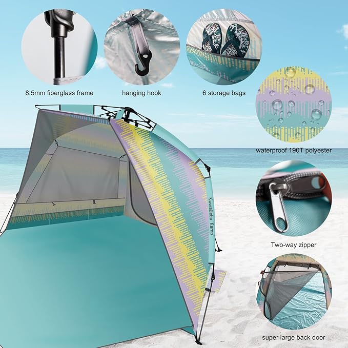 Beach Tent Sun Shelter for 4-6 Person - Pop Up Beach Tent UPF 50＋ UV Protection Lightweight and Easy Setup Cabana Extendable Floor with 3 Ventilating Windows Carrying Bag