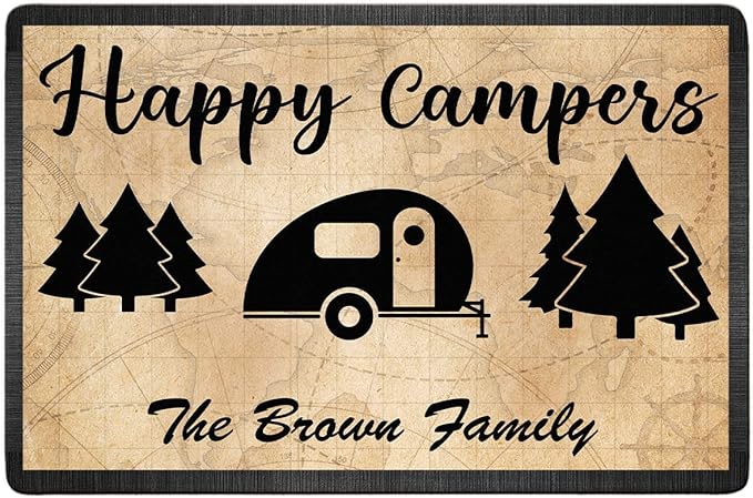 Personalized Happy Campers Doormat - Custom Family Name and Rv Camping Door Mat Accessories for Inside Outside Campsite Decor Travel Trailers Decorative Gift Welcome Motorhome Rugs 16 x 24 inches