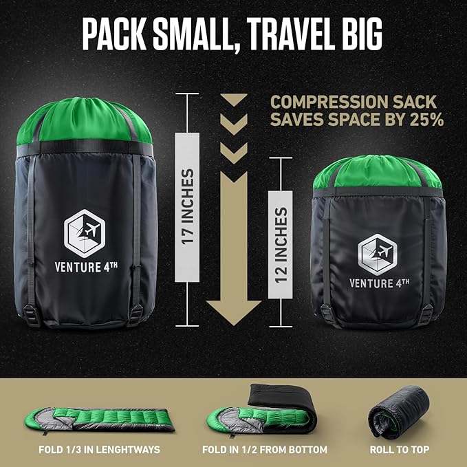 VENTURE 4TH Backpacking Sleeping Bag – XXL Double and Single Sizes - Lightweight Warm &amp Cold Weather Sleeping Bags for Adults Kids &amp Couples – Ideal for Hiking Camping &amp Outdoor Adventu