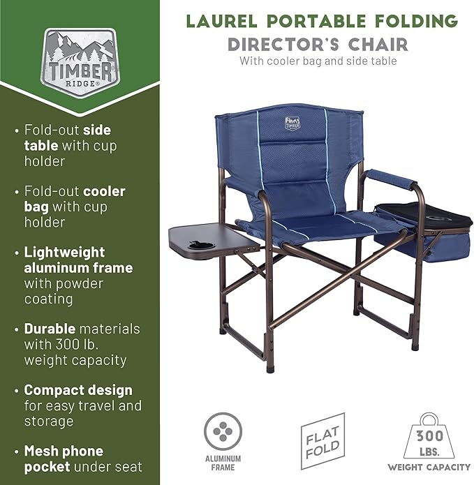 TIMBER RIDGE Folding Camping Chair with Cooler Bag Director Chair Foldable with Side Table for Adults Camp Chairs for Outdoor Lawn Sports Fishing Heavy Duty Supports 300lbs Blue