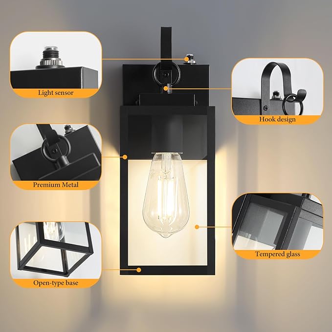 11.8-inch Dusk to Dawn Outdoor Wall Lights Black Exterior Light Fixture with Clear Tempered Glass IP65 Waterproof All-Metal Sconce for Porch Front Door Garage