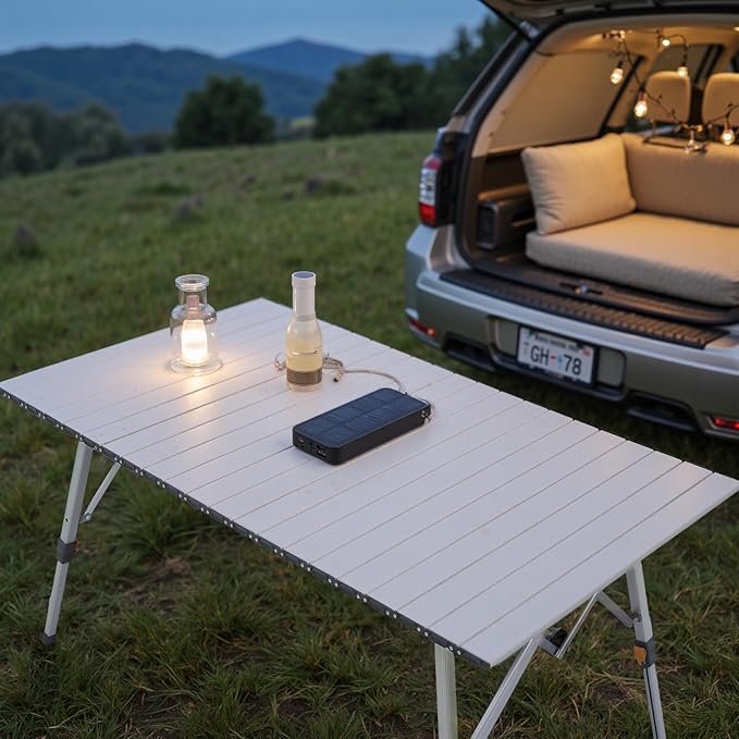 Athena Collection Foldable Camping Table 47 Aluminum Outdoor Folding Camp Table with Mesh Layer Telescopic Legs and Carry Bag Lightweight and Portable for Outdoor Camping Picnic Grilling Silver