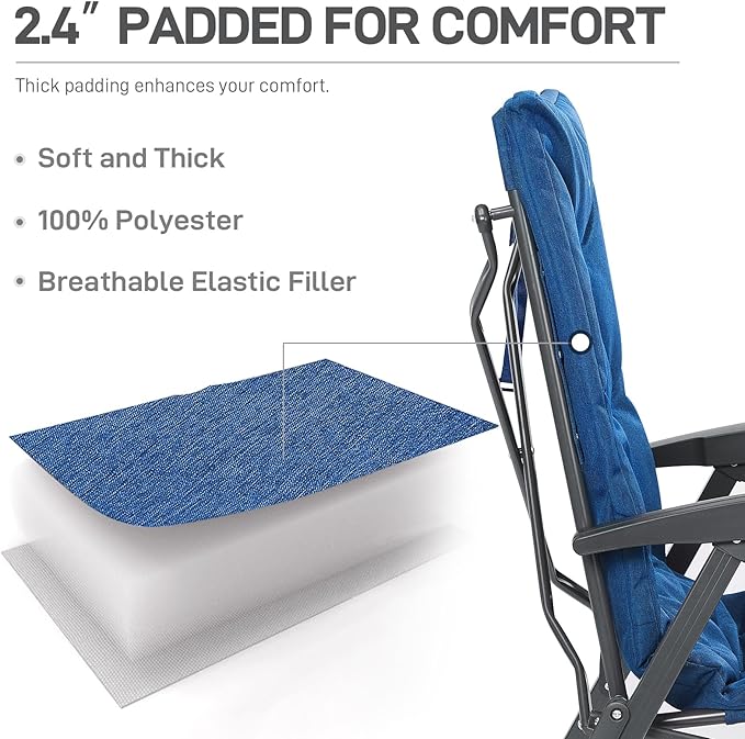 EVER ADVANCED Folding Padded Camping Chair 4 Positon Adjustable Recliner with High Back Support Portable for Adults 300lbs Weight Capacity Blue
