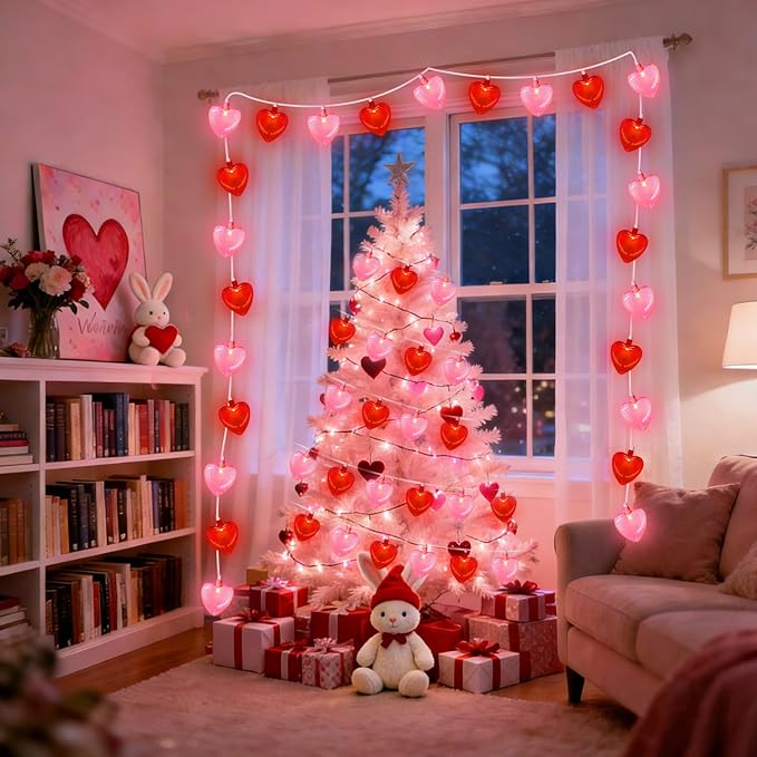 12Ft Red Pink Heart String Lights Valentine's Day Decorations Lights Outdoor Waterproof with 20 LED Clear Heart Light with Glitter for Home Door Fireplace Windows Fence Valentines Day Party Decor