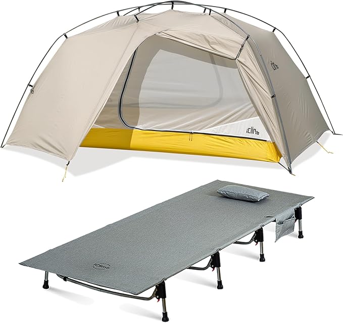 iClimb 1 Ultralight 4 Season Solo Tent and 1 Super Easy Assemble Cot Bundle Ultralight Compact for Adults Outdoor Camping Concert Motorcycling