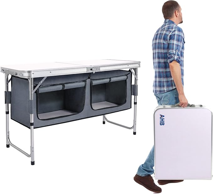 AHB Folding Camping Picnic Table with Storage Organizer Portable Foldable Aluminum Lightweight Adjustable Camp Table for Outdoor Camping