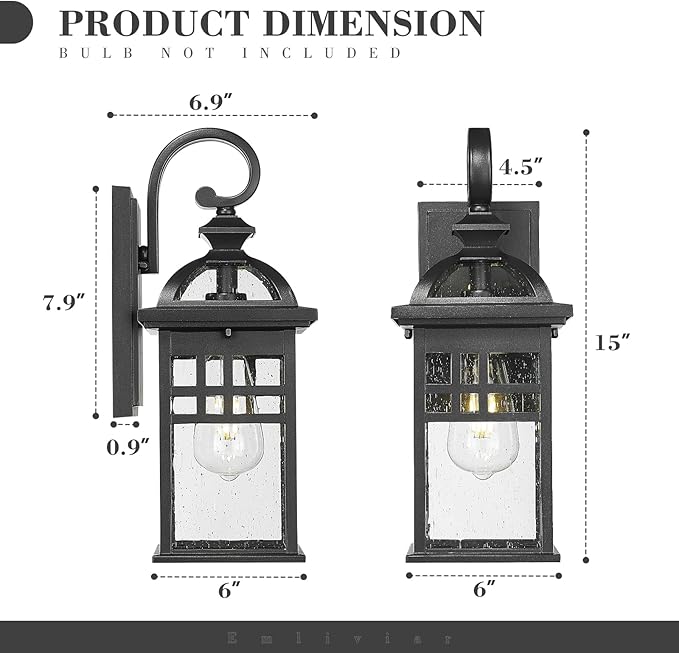Emliviar 2 Pack Outdoor Light Fixtures Wall Mount 15 Modern Outdoor Sconce Lights for House Black Finish with Seeded Glass DE281-2PK BK