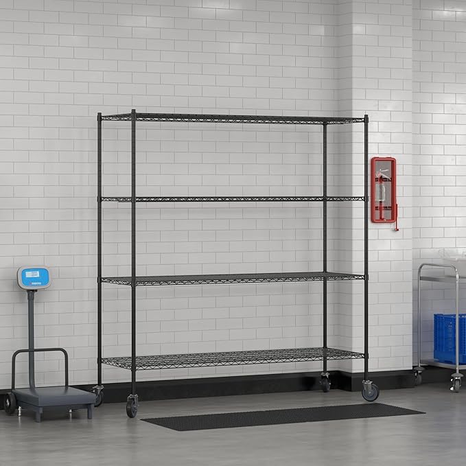 Commercial NSF Listed Black Epoxy Mobile Wire Shelving Kit 24 x 72 x 80 with 4 Shelves Perfect for Warehouse Walk-in Refrigerator Freezer Grocery Store Restaurant Dishroom