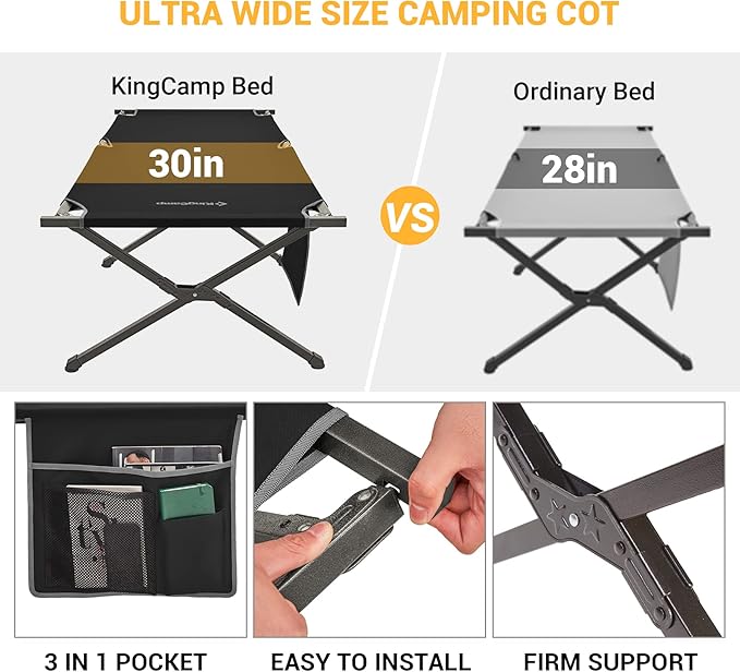 Kingcamp Camping Cot Portable Sleeping Cot for Adults Heavy Duty 81x 30 Oversized Camp Cots with Pocket Folding Outdoor Camping Bed for Travel Camp Beach HikeOutdoor and Indoor Use(Black)