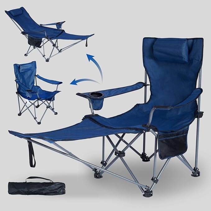 Folding Reclining Camping Chairs Footrest: 3 in 1 Portable Beach Lounge Chair Tanning Chairs with Backpack Lay Flat Lawn Chair Camping Furniture Camp Fishing Outdoor Carry Bag (Cloth Back Navy Blue)