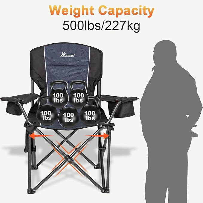 Romswi Oversized Camping ChairsHeavy Duty Support 500 LBSPadded Back &amp Arm Sport Chairs Cup Holder Cooler Bag Collapsible Folding Chairs for Outdoor Fishing &amp Garden Black2-Pack