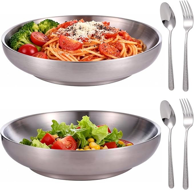 2 Stainless Steel Dinner Plates 7.9 In With Spoons And Forks Double-Layered For Home Camping And Picnic