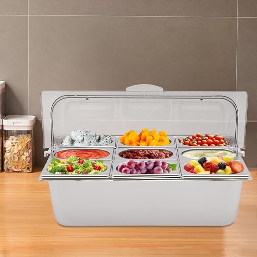 9-Compartment Stainless Steel Food Serving Tray with Lid Countertop Buffet Condiment Dispenser Display Container with Ice Packs 9 Tongs &amp Spoons for Restaurant Hotel Kitchen Party