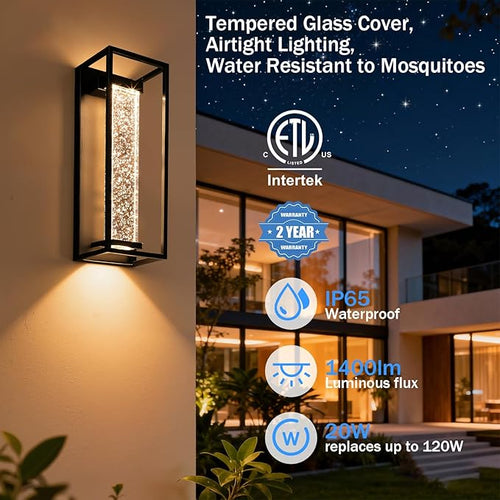 16 Inch Modern Outdoor Wall Sconce Matte Black Waterproof Exterior Wall Light with Metal Frame and Crystal Bubble Glass LED 3000K Warm White Lantern for Porch Garage Patio Lighting (1 Pack)