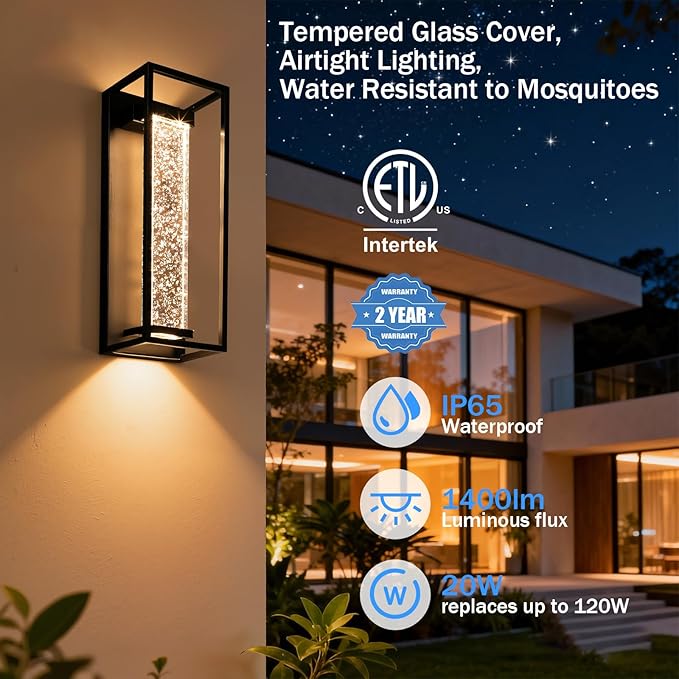 16 Inch Modern Outdoor Wall Sconce Matte Black Waterproof Exterior Wall Light with Metal Frame and Crystal Bubble Glass LED 3000K Warm White Lantern for Porch Garage Patio Lighting (2 Pack)