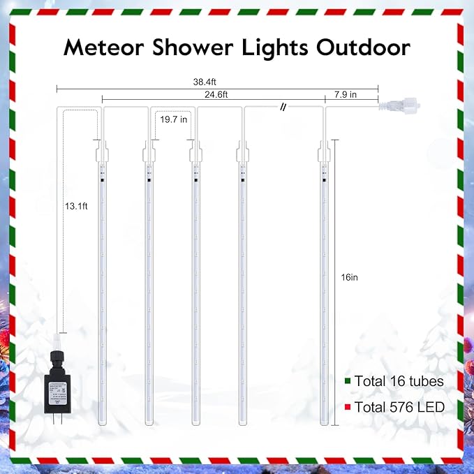 Brightown Meteor Shower Lights Outdoor 16 Inches 16 Tubes 576 LED Icicle Lights Waterproof Meteor Christmas Light Outdoor Hanging Falling Rain Light for Tree Holiday Party Christmas Warm White