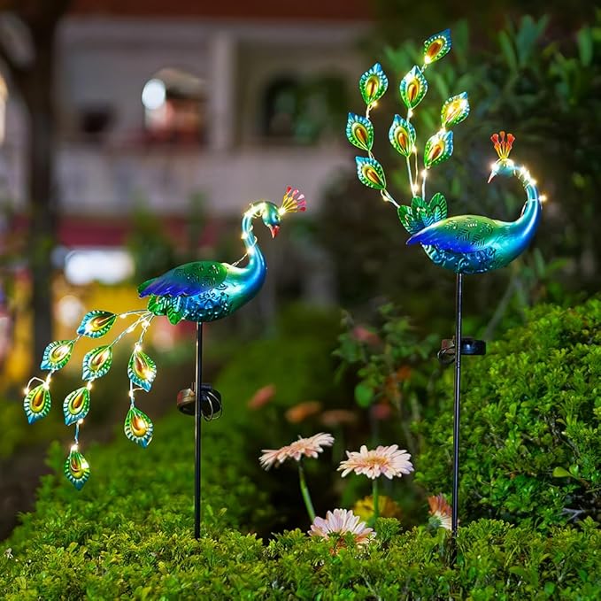DREAMSOUL Peacock Solar Lights Outdoor 2 Pack Waterproof Outdoor Solar Lights for Yard Pathway Peacock Garden Decor