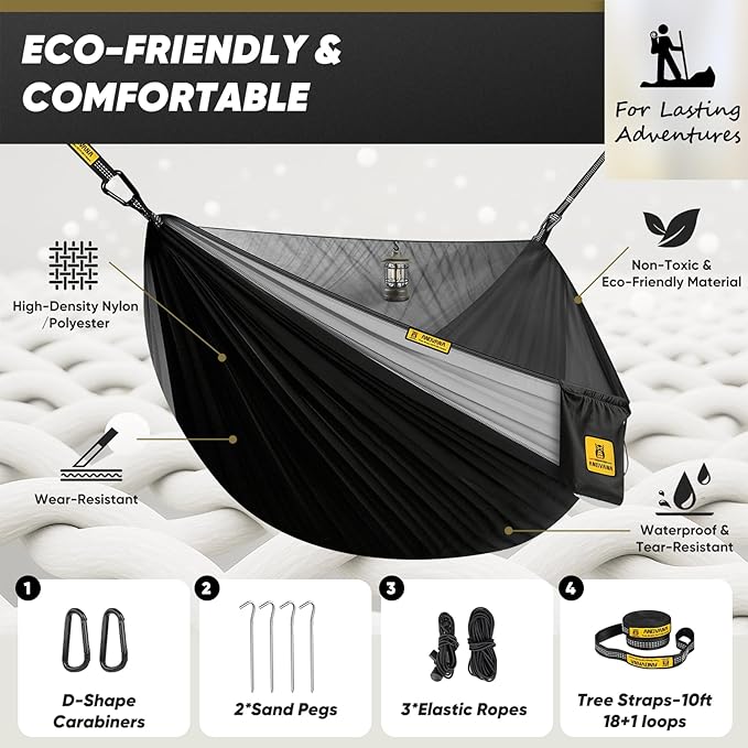 Camping Hammock with Mosquito Net 600 lbs Portable Hammock with Tree Straps2-in-1 Double/Single Travel hammocks Tent for Outside/Indoor/Backpacking/Beach-Black&ampGrey
