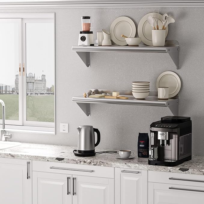 DEXSO Stainless Steel Wall Shelves 48 x 12 NSF Metal Floating Shelf Wall Mount with Triangular Structure &amp 18 Gauge Thickness for Kitchen Restaurant Garage