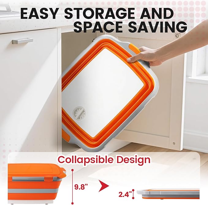 BBQ Prep Tub 3-IN-1 Large 30L Collapsible Cutting Board with Locking Lid for Meal Prep Marinating Food Camping Sink with Colander Dish Basin Storage Blanket for Camping Picnic BBQ Orange