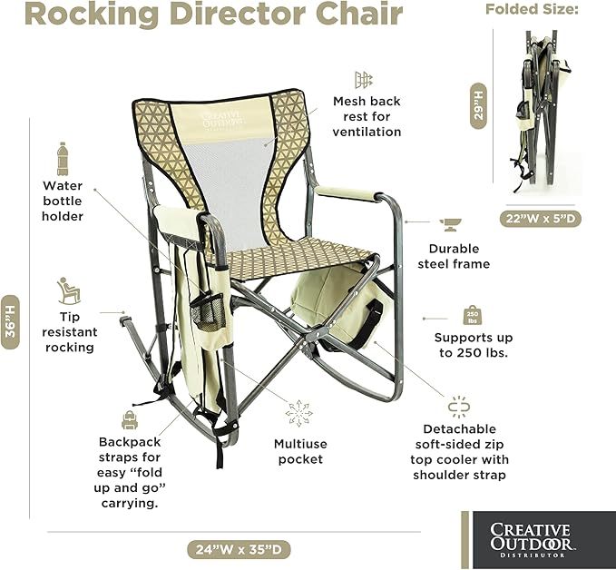 Creative Outdoor Collapsible Folding Rocking Director Chair | Camping Picnic Beach &amp Patio