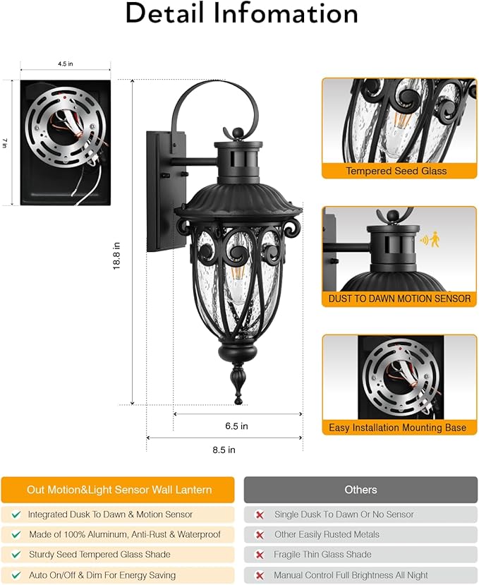 VIANIS Motion Sensor Outdoor Lights Black Motion Lights for Outside Dusk to Dawn Outdoor Light Fixtures with Seed Glass 100% Aluminum Exterior Lighting Fixtures with House Garage Porch Doorway