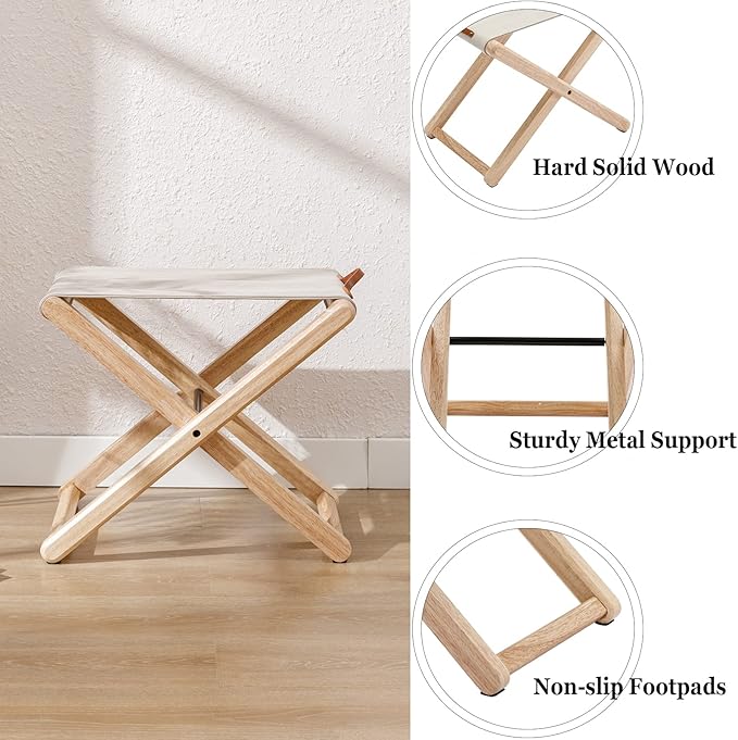 Wood Folding Camping Stools Set of 2 18.5 Hardwood Portable Fishing Folding Stool with Heavy Duty Metal Support Canvas Camp Stool Foldable Footstool for Outdoor Hiking Picnic BBQ Beige