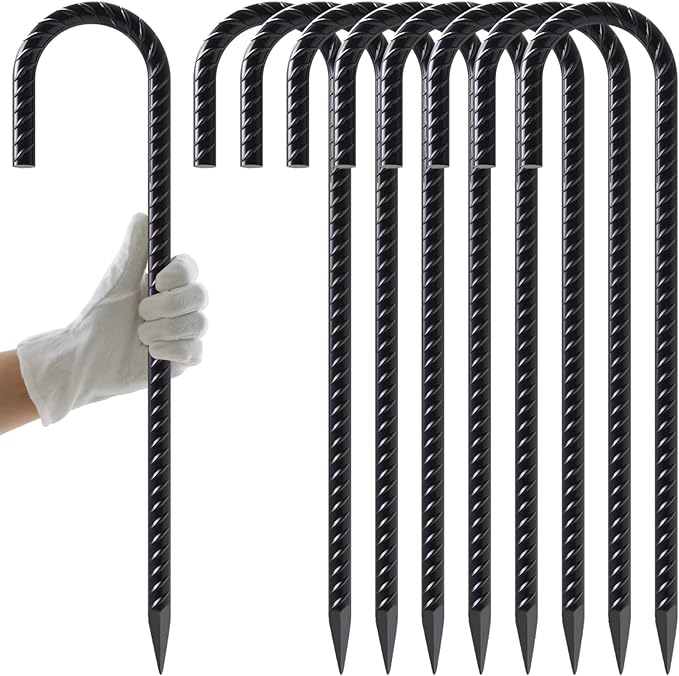 AAGUT Rebar Stakes 16 Inch J Hook Heavy Duty 8 Pack 3/8 Inch Black Coated Metal Steel Ground Anchors Chain Link Fence Stakes for Camping Tent Inflatables Yard Decorations Canopies &amp Swing Sets