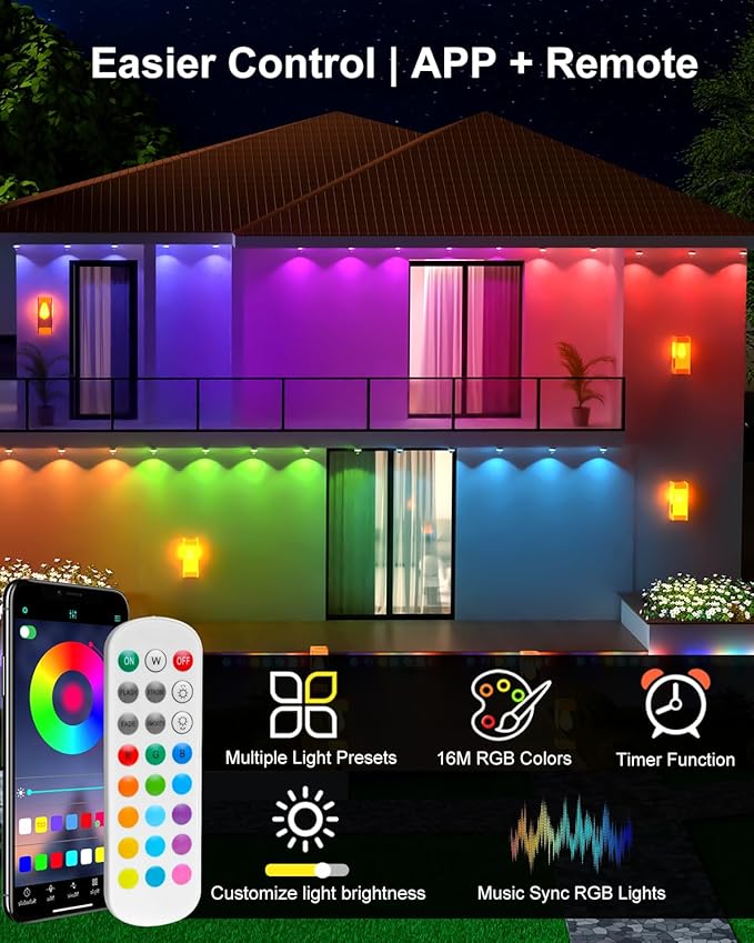 Permanent Outdoor Lights for House 50ft RGB Smart LED Eave Lights with APP &amp Remote Control IP67 Waterproof for Outdoor Decorations Including Halloween Christmas and Daily Lighting