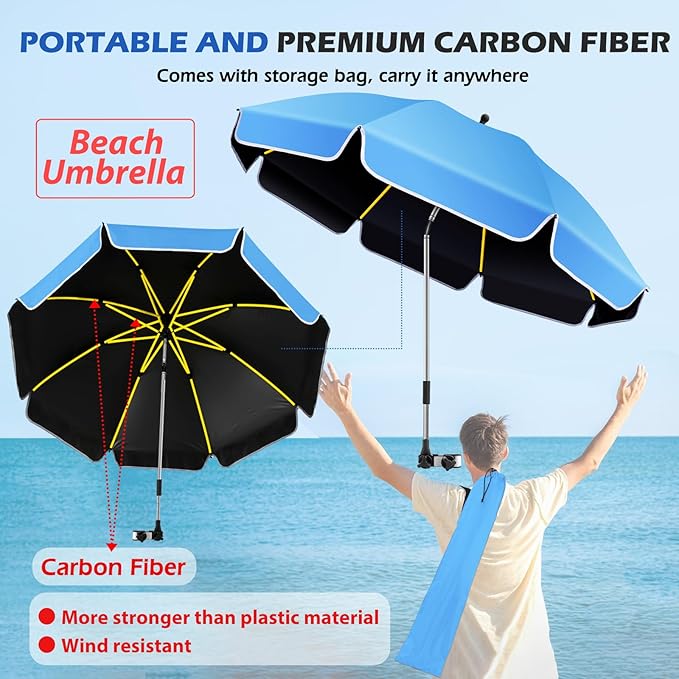 Umbrella 360°Adjustable Protection Stroller 48.8 beach chair umbrella with clamp high UV protection. 3 Adjustable areas 180°+360° for fishing golf beach camping (chair not included)